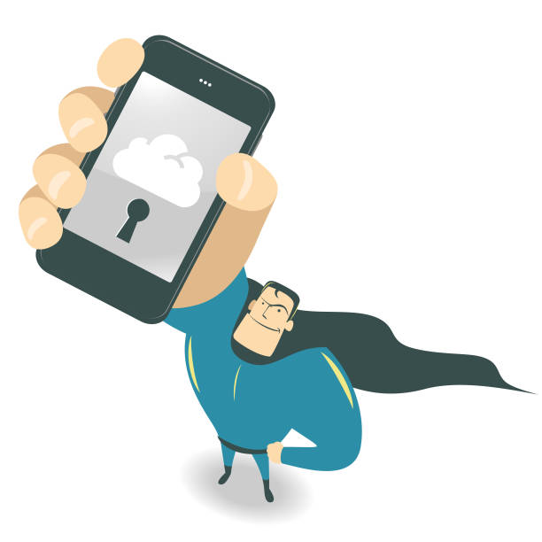Cool smiling strong superhero standing looking upward and holding (showing) a smart phone (mobile phone), one hand on the hip Cool Man Characters Manga Style Cartoon Vector art illustration.Copy Space, Full Length, White Background. super money stock illustrations
