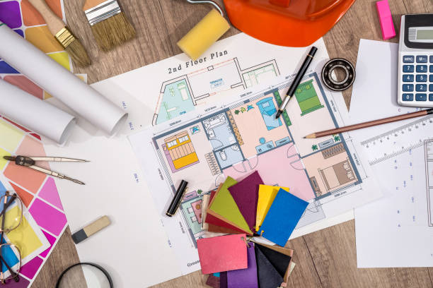 istock house project with building helmet, colour palette and drawing tools 913284036