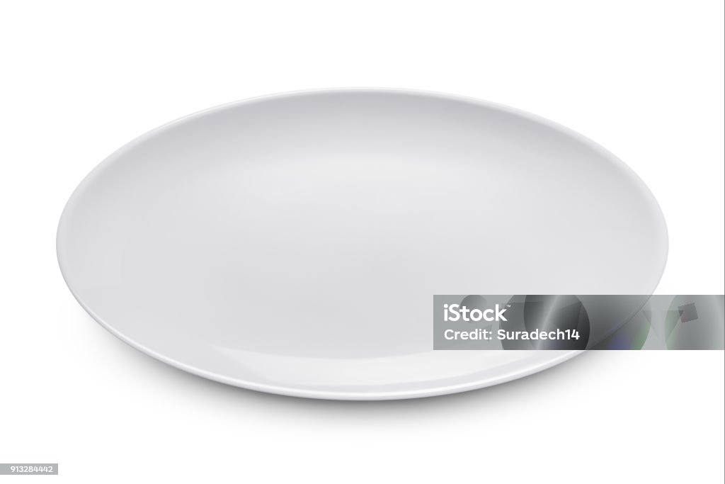 Simple white circular porcelain plate with clipping path Empty plate. Isolated on white background. View from above with clipping path Plate Stock Photo