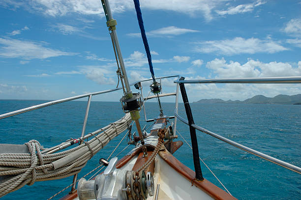 Shot of the mainsail on a yacht from an unusual angle. Sailboat details.
