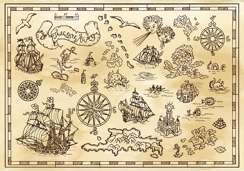 Design set with nautical decorative elements, fantasy creatures, pirate treasure map details