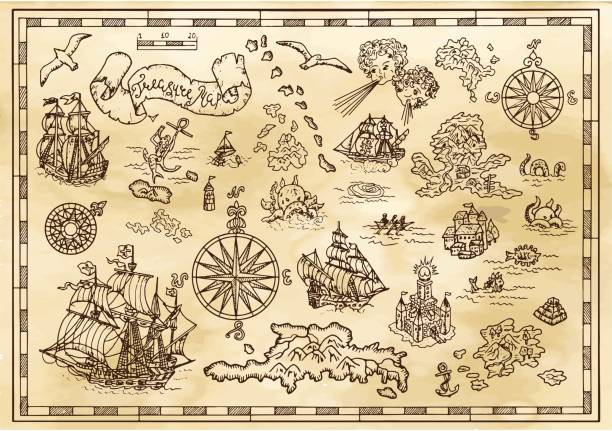 Design set with nautical decorative elements, fantasy creatures, pirate treasure map details Pirate adventures, treasure hunt and old transportation concept. Hand drawn vector illustration, vintage background adventure illustrations stock illustrations