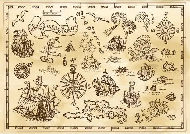 Vector illustration of Design set with nautical decorative elements, fantasy creatures, pirate treasure map details