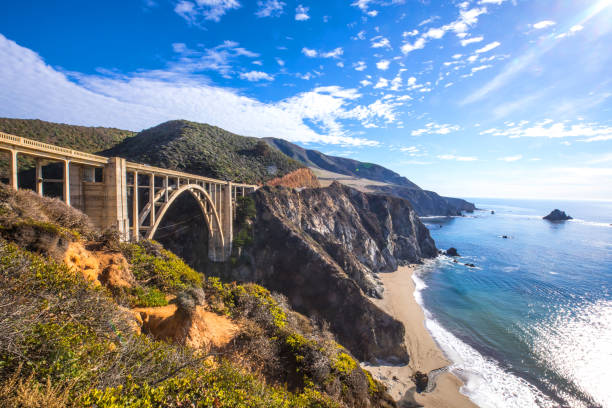 Bixby Bridge and Pacific Coast Highway 1 Bixby Bridge and Pacific Coast Highway 1 big sur stock pictures, royalty-free photos & images