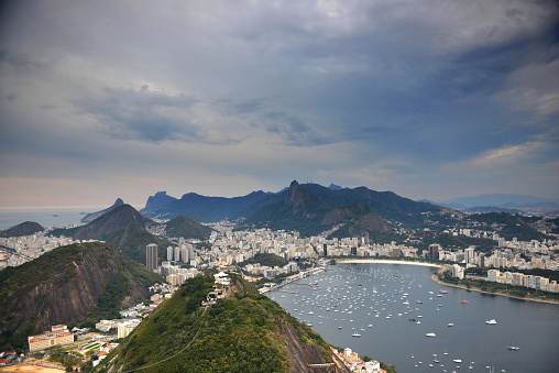 Aerial view of Christ the Redeemer statue, Botafogo Beach, Copacabana Beach and surroundings at afternoon in Rio de Janeiro, Brazil