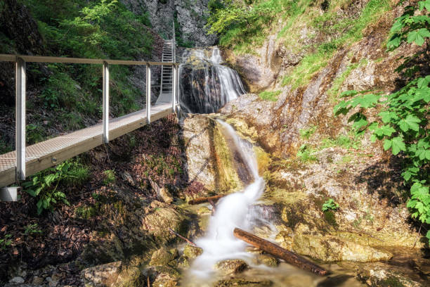 Empty footbridge and water stream in Janosikove diery - tourist attraction in nation park Mala Fatra, Slovakia