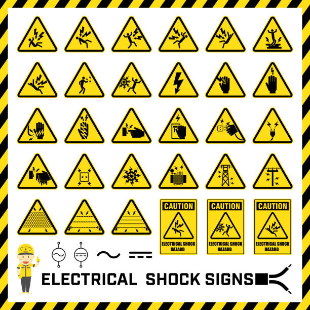 ilustrações, clipart, desenhos animados e ícones de conjunto de sinais de advertência de segurança e símbolos de perigos de choque elétrico, marcas e sinais para mensagens de advertência de operações elétricas. - risk symbol safety sign