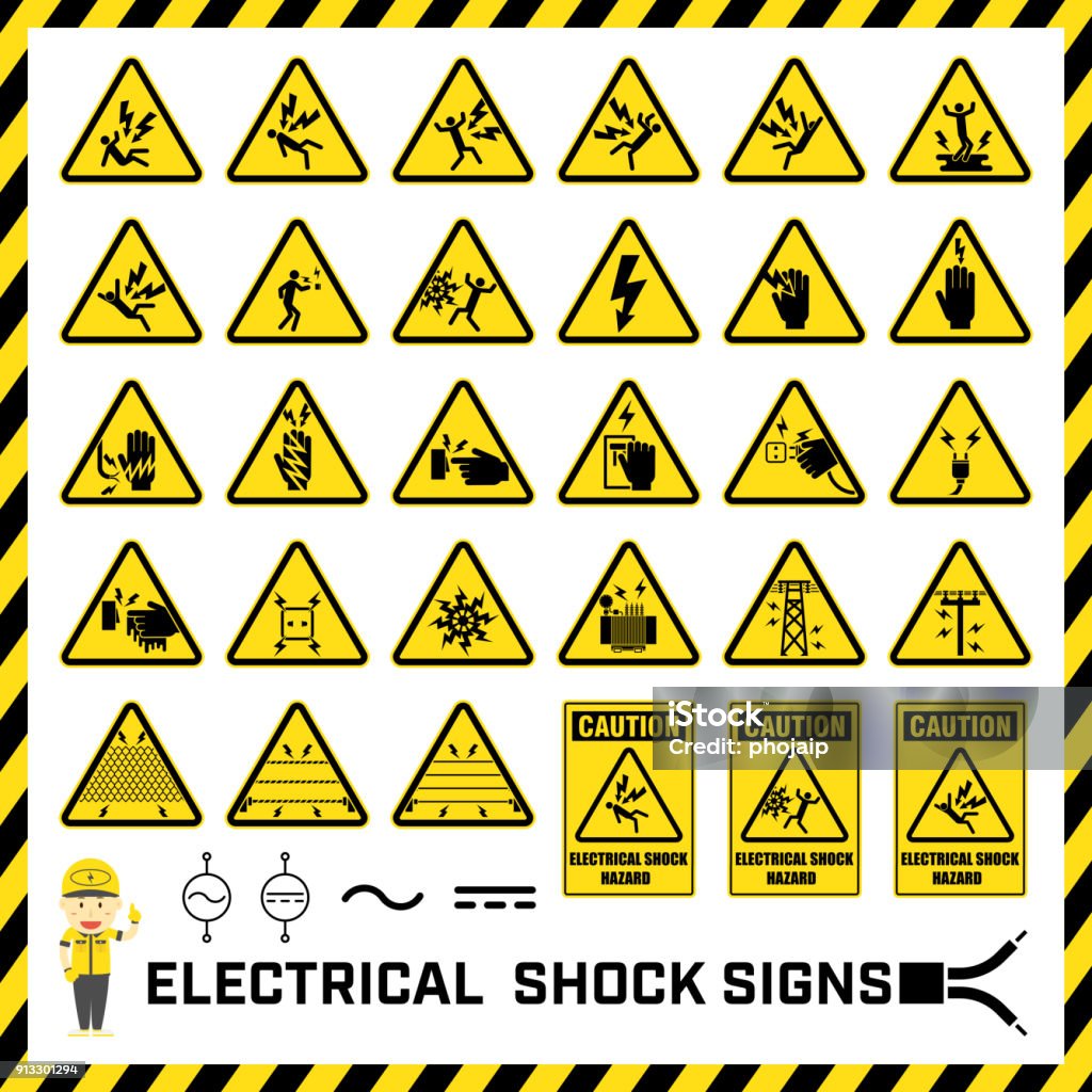 Set of safety caution signs and symbols of electrical shock hazards, Labels and signs for caution messages of electrical operations. Electricity stock vector