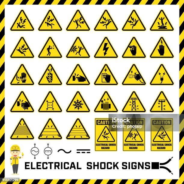 Set Of Safety Caution Signs And Symbols Of Electrical Shock Hazards Labels And Signs For Caution Messages Of Electrical Operations Stock Illustration - Download Image Now