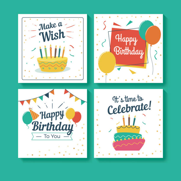 ilustraciones, imágenes clip art, dibujos animados e iconos de stock de conjunto de tarjetas de felicitación de cumpleaños - happy birthday