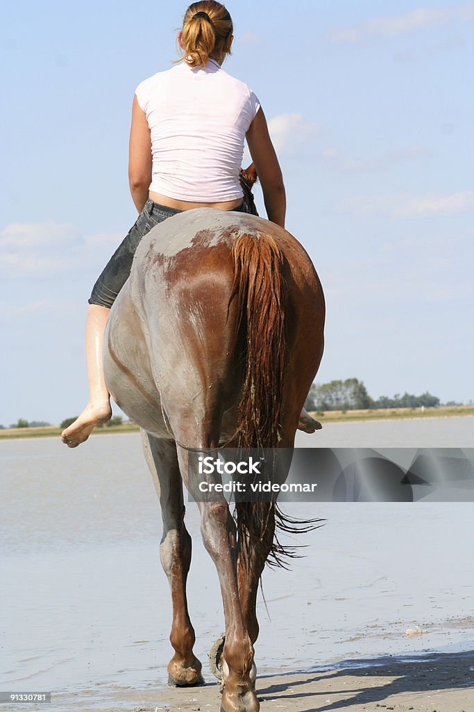 Ragazza a cavallo di cavallo sporco in mare - Foto stock royalty-free di Abbigliamento casual