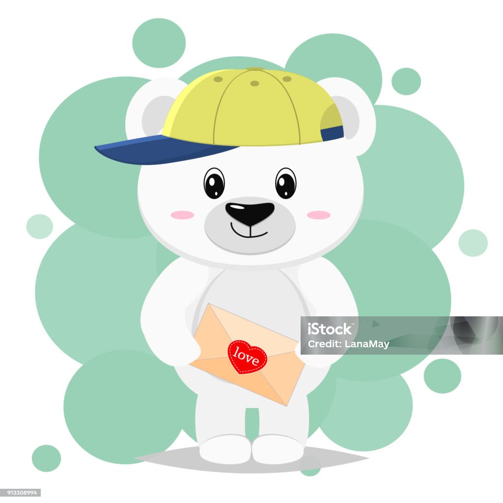 Ilustración de El Oso Polar En La Gorra De Béisbol Está Parado Y Tiene Una Carta Con El Corazón En Sus Patas Al Estilo De Dibujos Animados y más Vectores Libres de Ilustración de El Oso Polar En La Gorra De Béisbol Está Parado Y Tiene Una Carta Con El Corazón En Sus Patas Al Estilo De Dibujos Animados y más Vectores Libres de