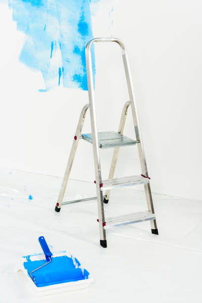 istock ladder and paint roller brush in blue paint 913312400