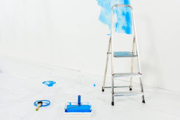 istock ladder and paint roller brush in blue paint 913312428