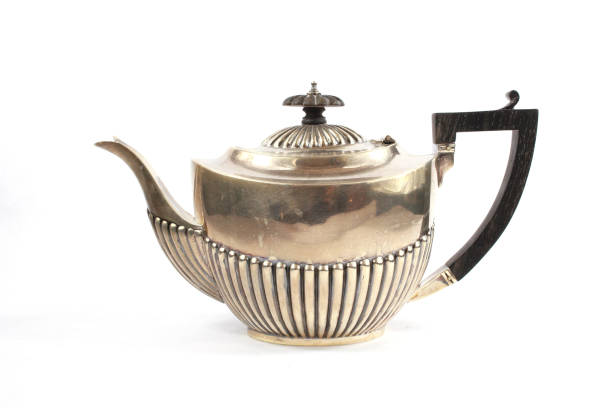 Silver Metal Ornate Tea Pot on White Background