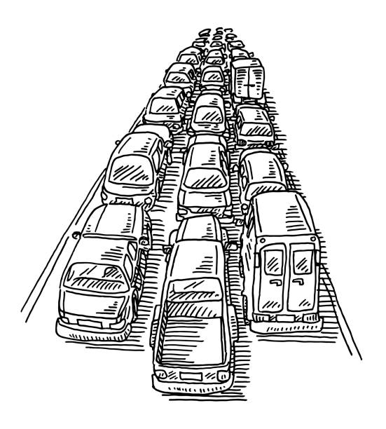 Traffic Jam Three Lane Highway Drawing Hand-drawn vector drawing of a Traffic Jam on a Three Lane Highway. Black-and-White sketch on a transparent background (.eps-file). Included files are EPS (v10) and Hi-Res JPG. traffic illustrations stock illustrations