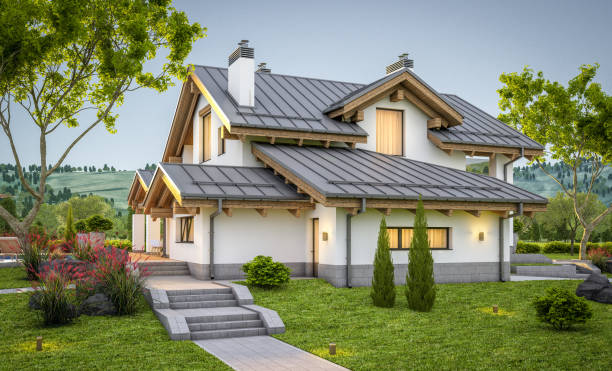 istock 3d rendering of modern cozy house in chalet style 913315566