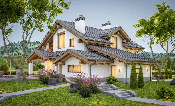 istock 3d rendering of modern cozy house in chalet style 913315572