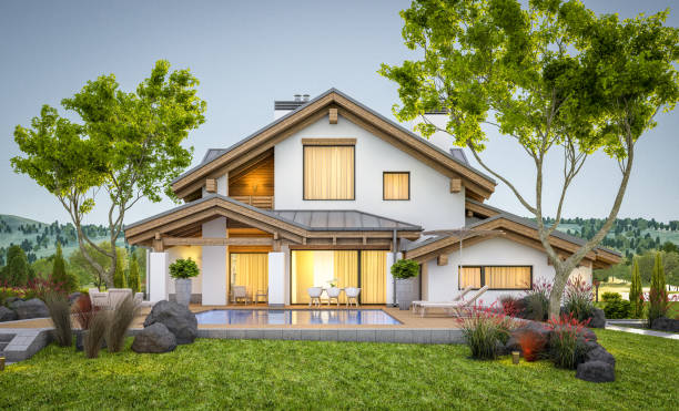 istock 3d rendering of modern cozy house in chalet style 913315658