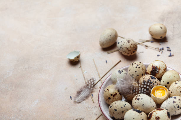 istock Plate with fresh quail eggs decorated with feather. Organic food. 913315778