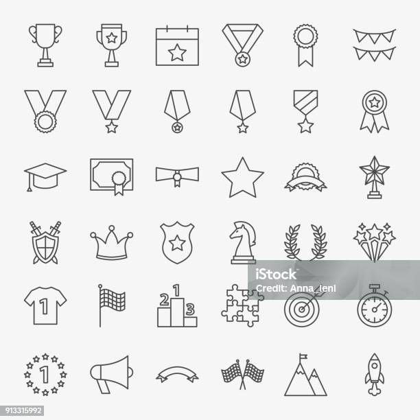 Winning Award Line Icons Set Stock Illustration - Download Image Now - Icon Symbol, Finishing, Medal