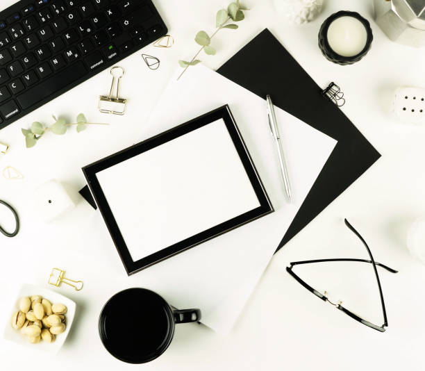 istock Flat lay home office desk. workspace with keyboard, cup of coffee, notebook, on white background. Copy space.Flat lay.Top view 913316264