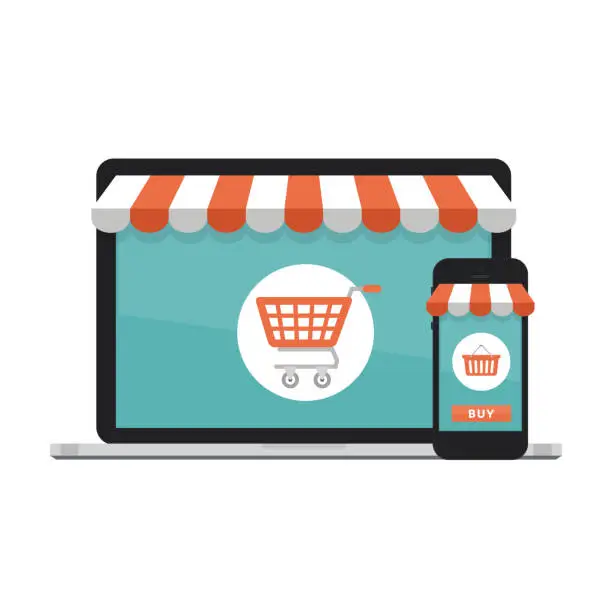 Vector illustration of Online shopping concept. Open laptop with screen buy.  Flat style, vector illustration.