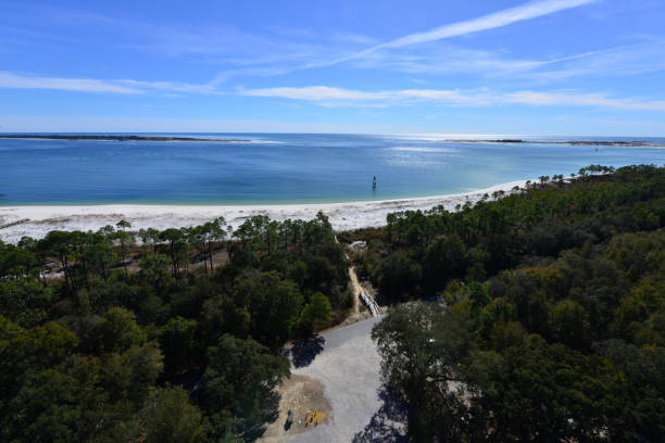 istock view from the Pensacola lighthouse looking down at the beach on a winters morning. 913320626