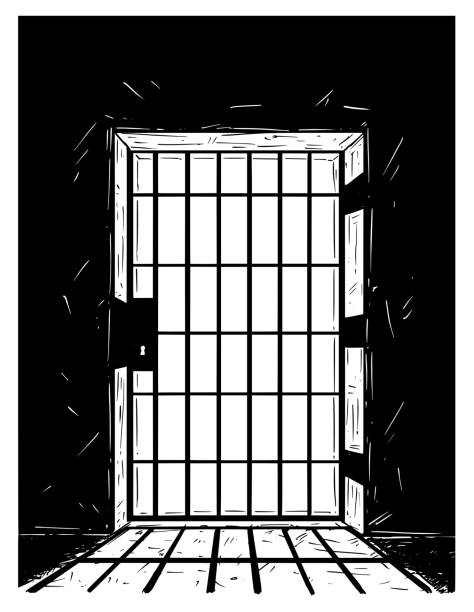 rysunek wektor kreskówka z prison door casting shadow - więzień stock illustrations