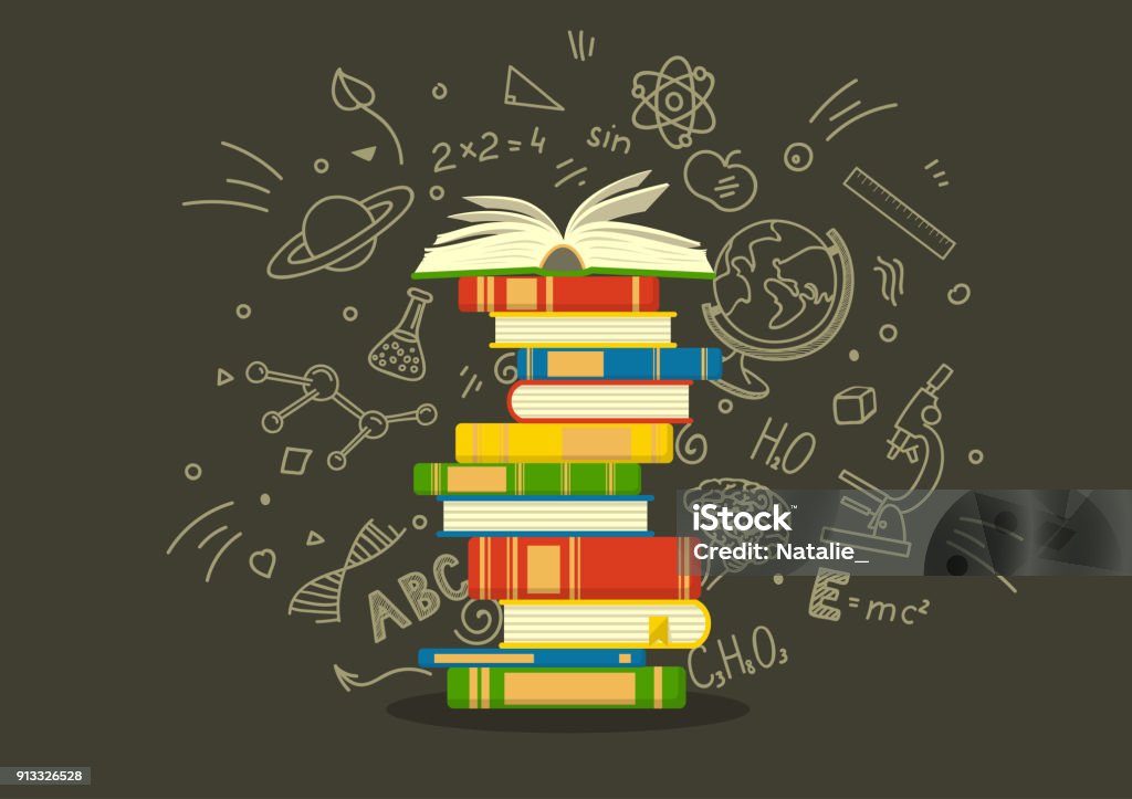 Stack of colorful books with education sketches. Stack of colorful books with education sketches. Studying vector illustration. Book stock vector