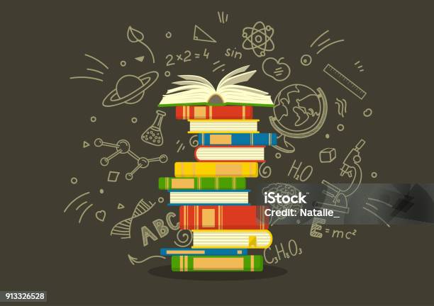 Stack Of Colorful Books With Education Sketches Stock Illustration - Download Image Now - Book, Education, Stack