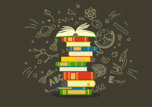 Vector illustration of Stack of colorful books with education sketches.