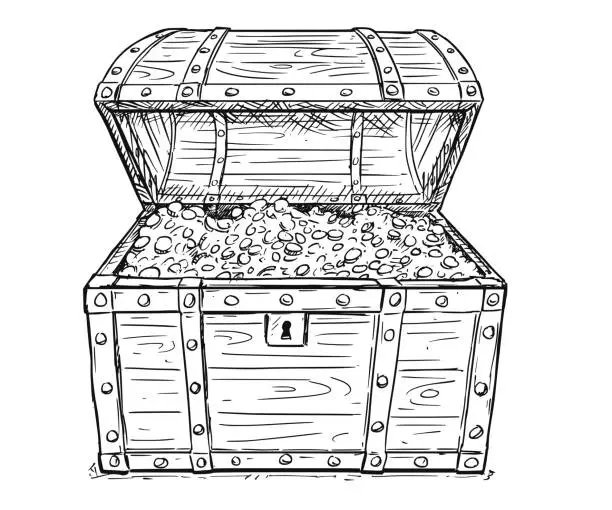 Vector illustration of Cartoon Vector Drawing of Old Open Pirate Treasure Chest with Gold Coins Inside