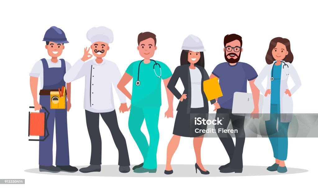 Set of people of different occupations Set of people of different occupations Doctor, Nurse, IT-specialist, Engineer, Chef, Electrician. World's most in demand proffesions. Labor day concept vector illustration. Labor Day - North American Holiday stock vector