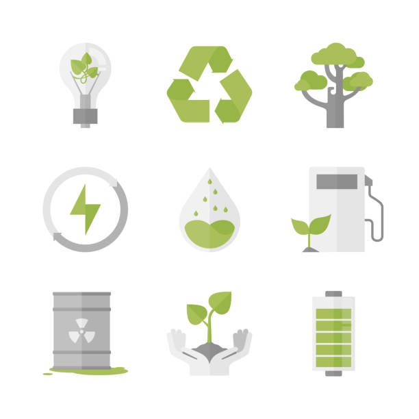 Clean energy and ecology protection flat icons set Flat icons set of nature renewable energy, ecology protection and recycling, green innovation and technology, waste reduction. Flat design style modern vector illustration concept. Isolated on white background. battery illustrations stock illustrations