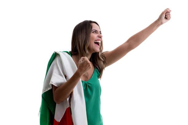 istock Mexican female fan celebrating on white background 913330844