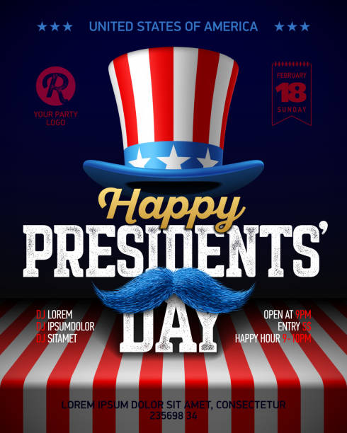 Happy Presidents' Day party poster design Happy Presidents' Day party poster design with collage of USA flag party hat, moustache and vintage Happy Presidents Day phrase on the flag of USA lying on the table, vector illustration presidents day logo stock illustrations