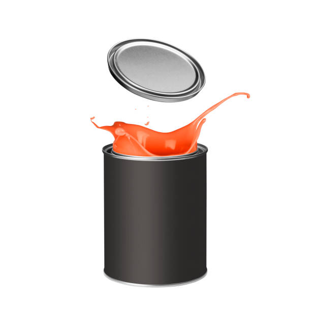 istock Orange paint splashing out of paint can 913335970
