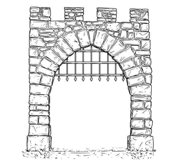cartoon vector z open stone medieval decision gate z żelaznymi prętami - palace gate stock illustrations