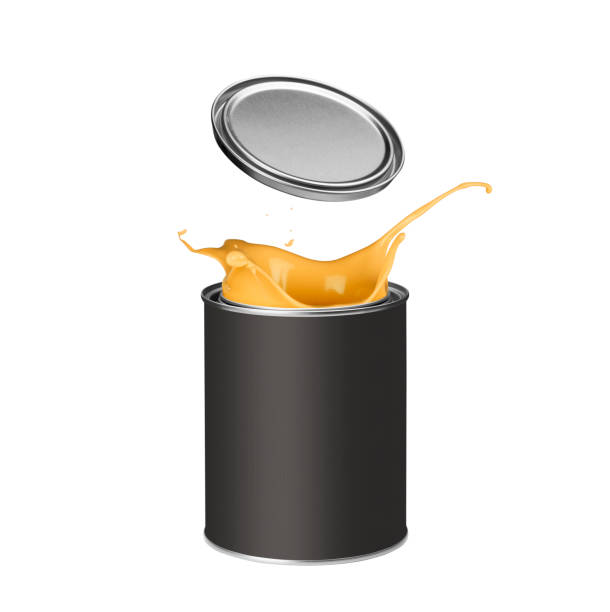 istock Orange paint splashing out of paint can 913338300