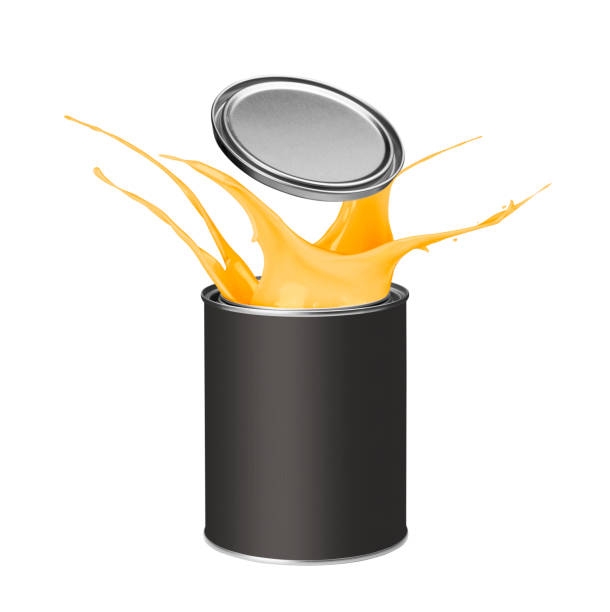 istock Orange paint splashing out of paint can 913338332