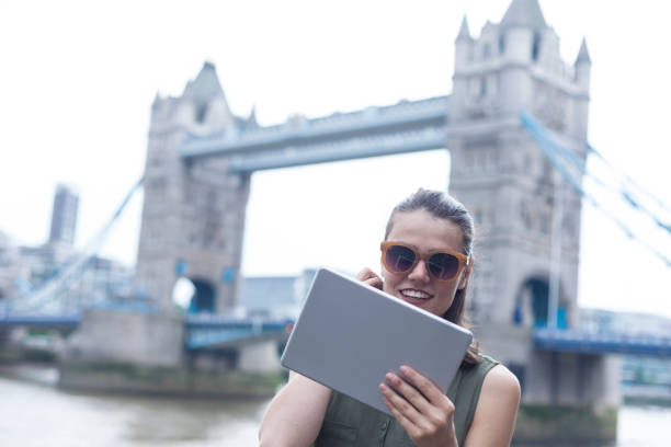 istock Happy young woman taking selfie on Tower bridge 913347376