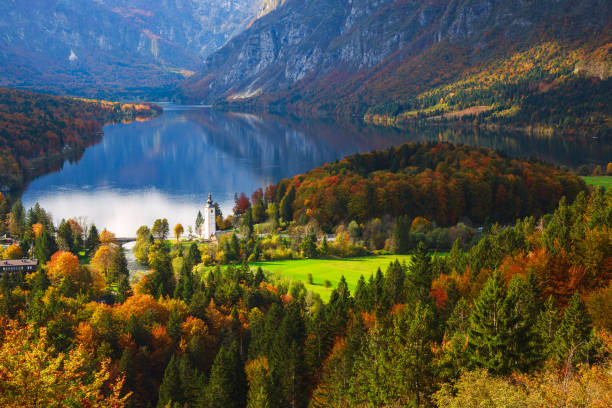 ジュリアン アルプス、スロベニアのボーヒニ湖の空中写真 - julian alps lake bohinj lake bohinj ストックフォトと画像