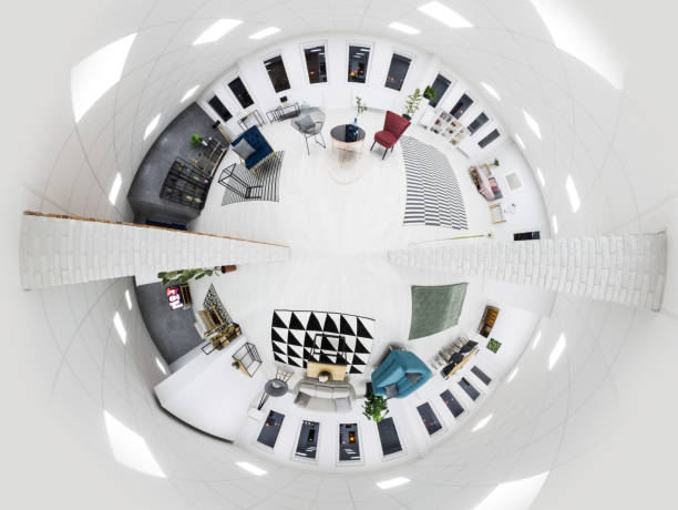 White living room interior White living room interior with patterned carpets and brick wall fish eye lens photos stock pictures, royalty-free photos & images