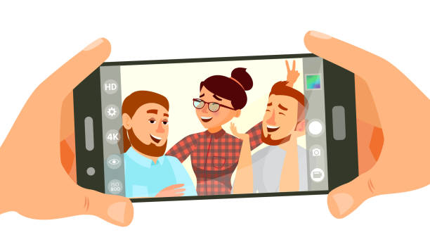 ilustraciones, imágenes clip art, dibujos animados e iconos de stock de tomar foto de vector de smartphone. gente sonriente. amigos modernos tomando selfie horizontal. mano que sostiene el teléfono inteligente. visor de la cámara. concepto de amistad. aislado plano dibujos animados ilustración - human head illustration and painting women color image