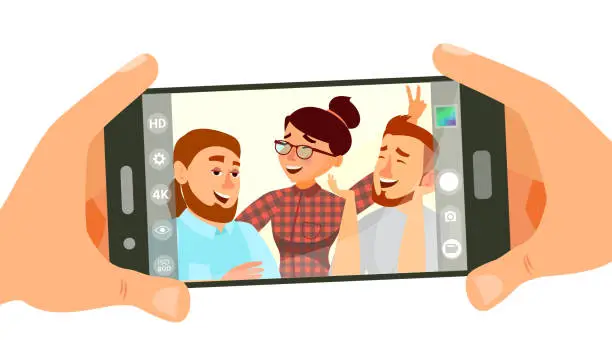 Vector illustration of Taking Photo On Smartphone Vector. Smiling People. Modern Friends Taking Horizontal Selfie. Hand Holding Smartphone. Camera Viewfinder. Friendship Concept. Isolated Flat Cartoon Illustration