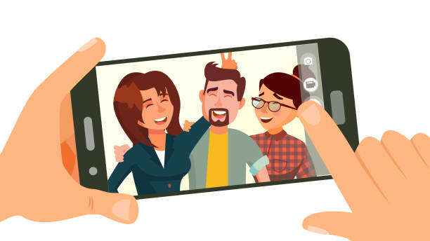 illustrations, cliparts, dessins animés et icônes de prendre photo sur smartphone vector. sourire des amis prenant selfie. gens qui posent. main tenant le smartphone. concept de l’amitié. isolé de plate bande dessinée illustration - human head illustration and painting women color image