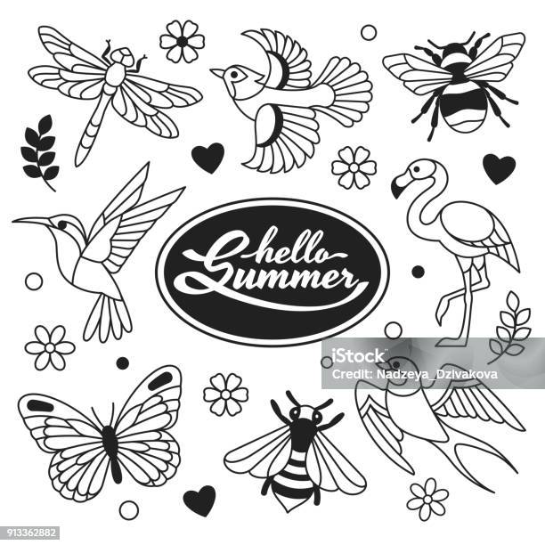 Hello Summer Icons Collection Stock Illustration - Download Image Now - Bird, Butterfly - Insect, Bee