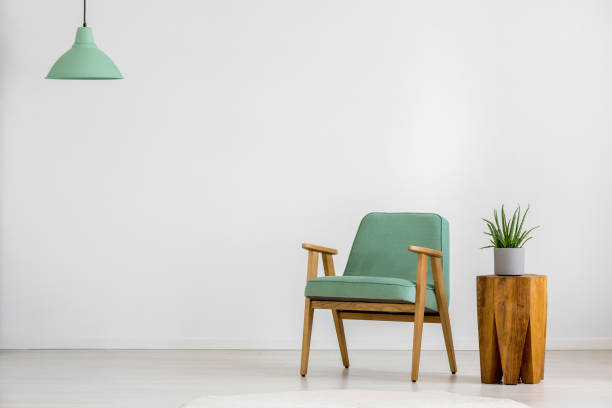 sillón vintage verde en sala - chair fotografías e imágenes de stock