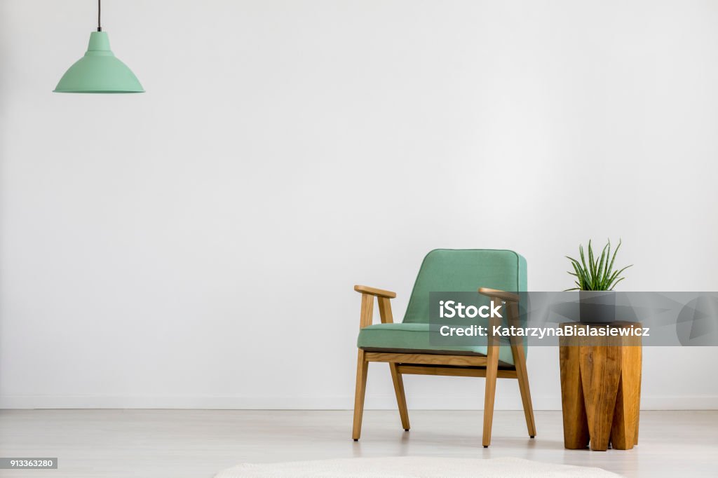 Vintage green armchair in room Aloe on wooden stool next to vintage green armchair against white wall with copy space in empty room Armchair Stock Photo